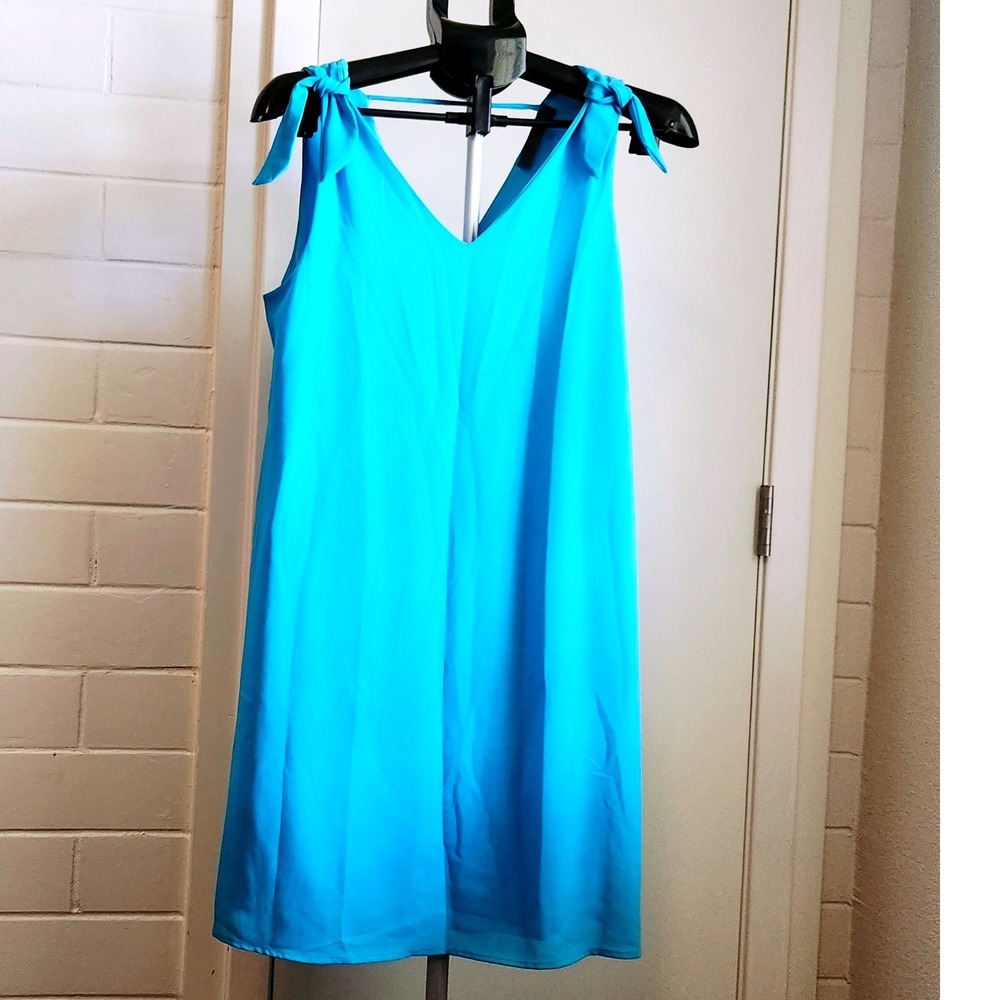 Madeline Sparklestein Turquoise‎ Blue Tie Shoulder V-Neck Shift Dress Womens
